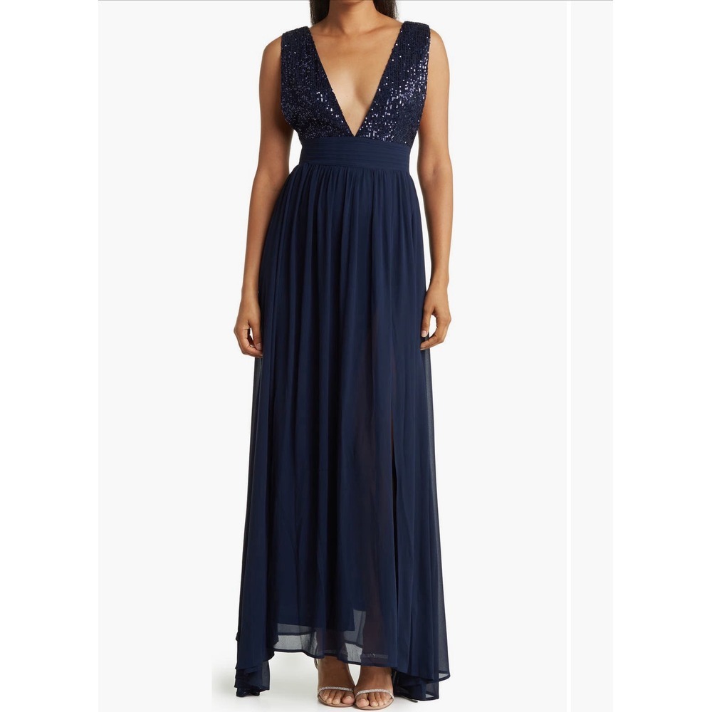 Love By Design Women's Daphne Sequin Top‎ V-Plunge Maxi Dress Size Medium Blue